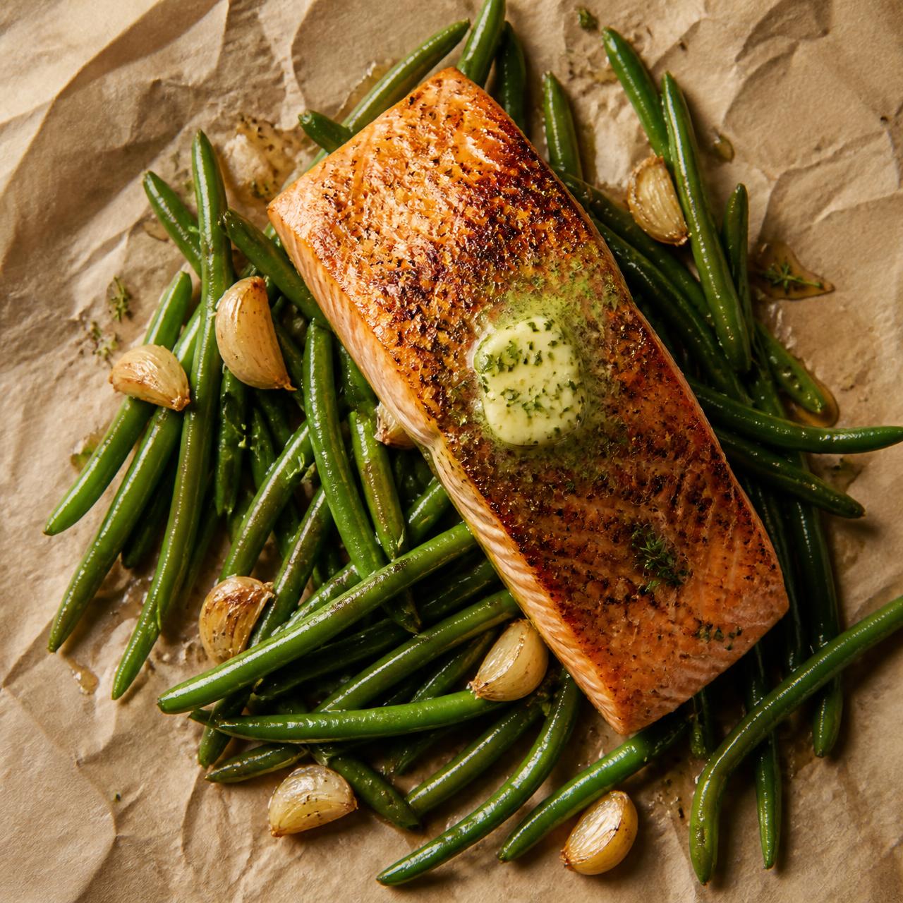 Pan seared salmon fillet with herb butter and green beans on baking paper
